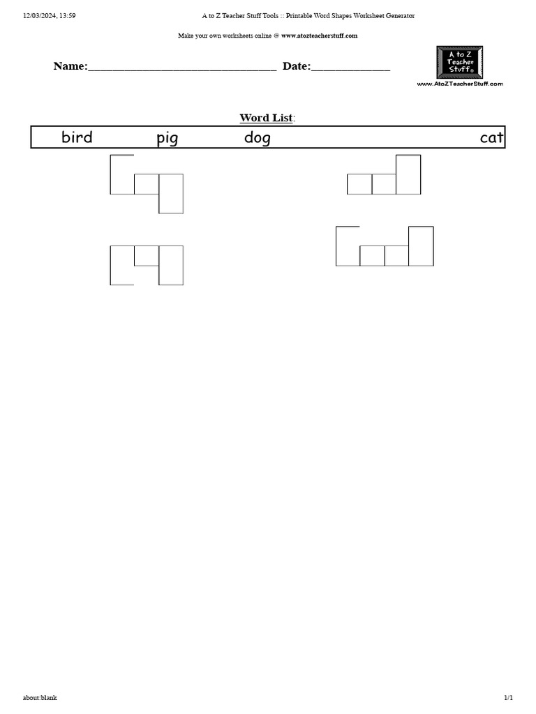 A to Z Teacher Stuff Tools __ Printable Word Shapes Worksheet Generator
