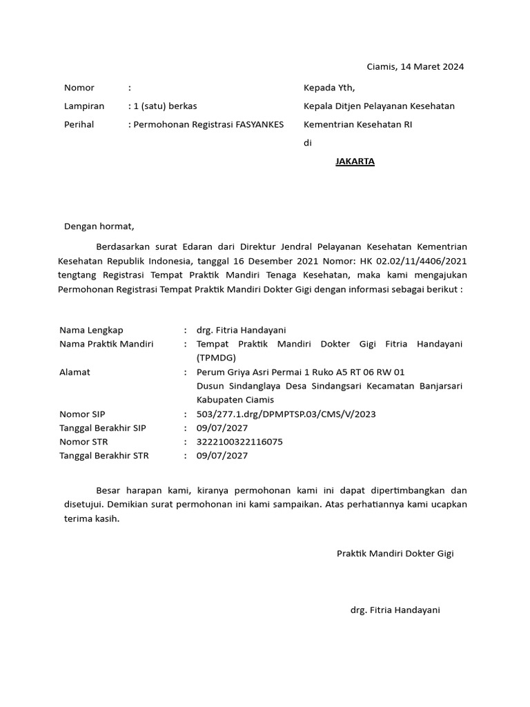 Surat permohonan registrasi fasyankes pdf