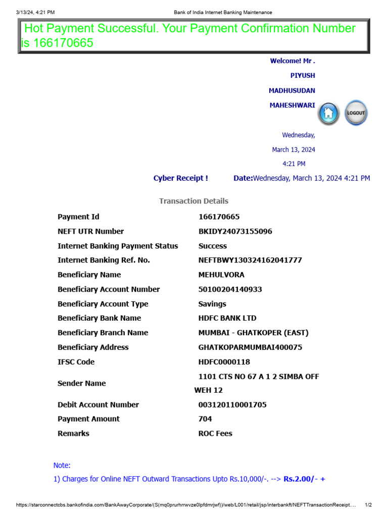 Mehul ROC Payment Receipt 13.3.24 | PDF | Business | Economies