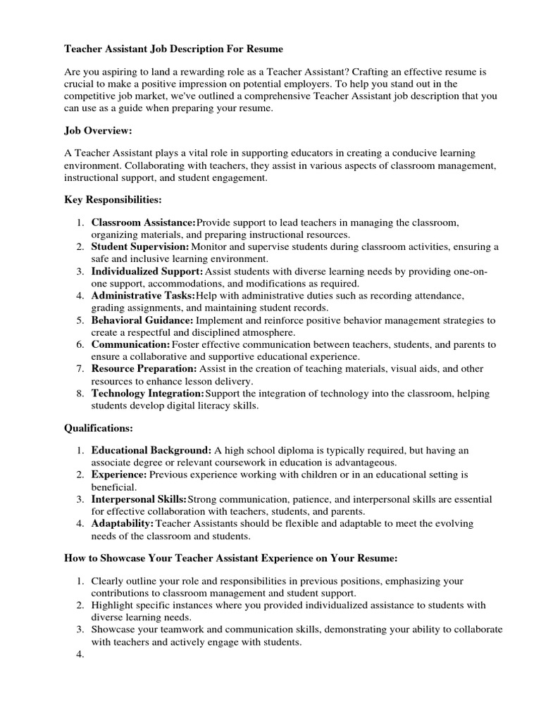 Teacher Assistant Job Description - 1719723450