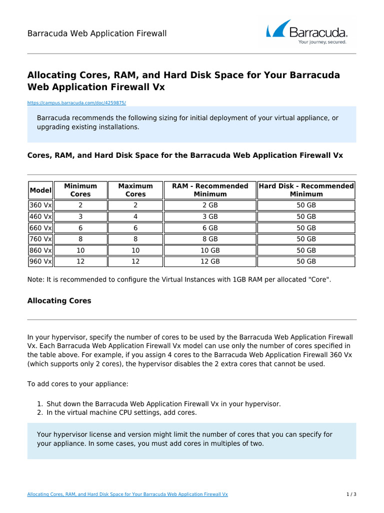 Allocating cores ram and hard disk space for your barracuda web
