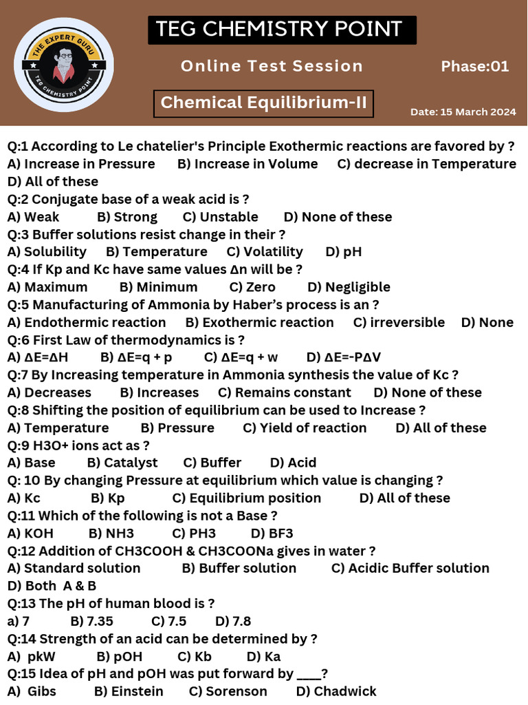 Chemical Equilibrium-II Test | PDF | Chemical Equilibrium | Buffer Solution