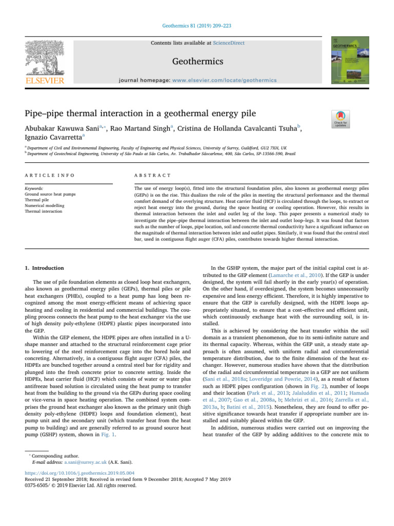 Pipepipe thermal interaction in a geothermal energy pile PDF Heat