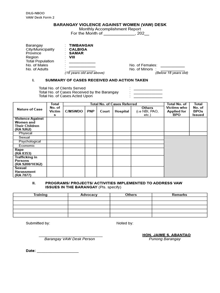 Monthly VAW Desk Report for Barangay | PDF | Social Science | Law