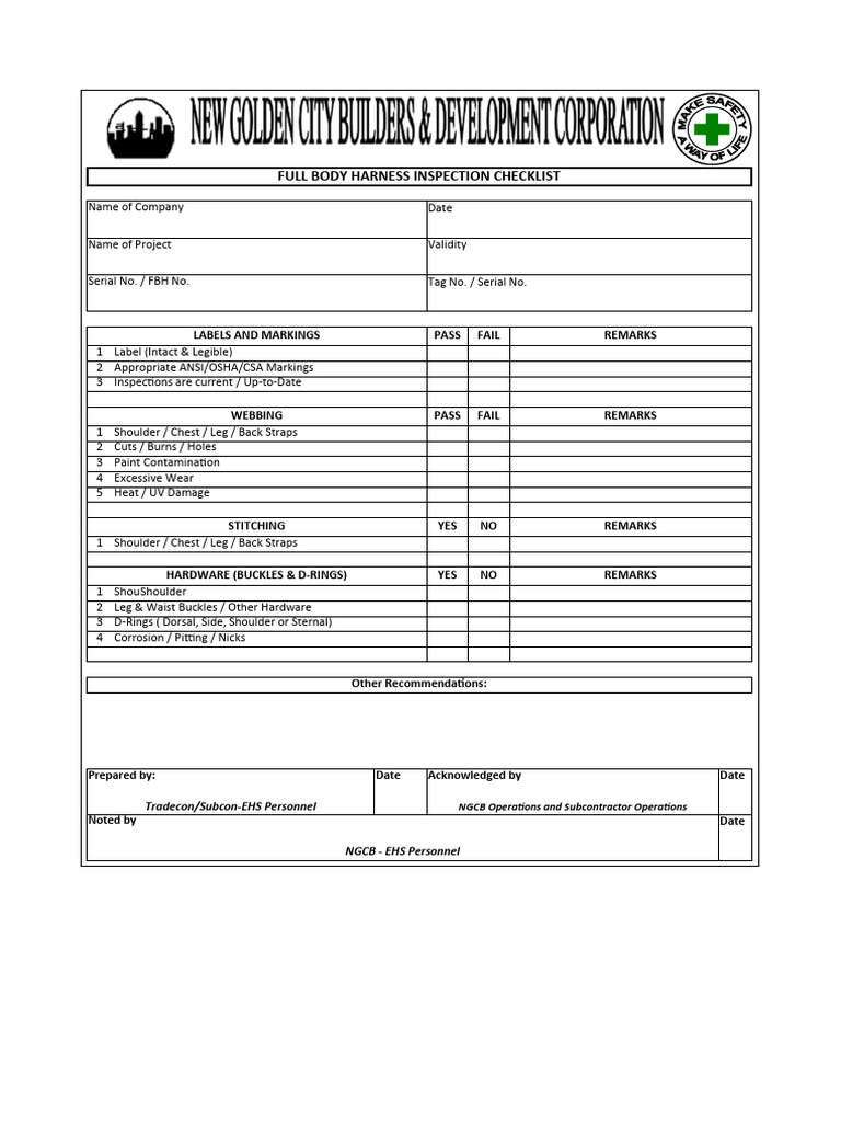 Full Body Harness Inspection Checklist: Labels and Markings Pass Fail ...