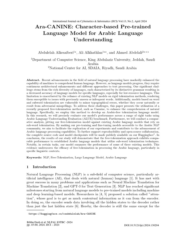Ara canine character based pre trained language model for arabic