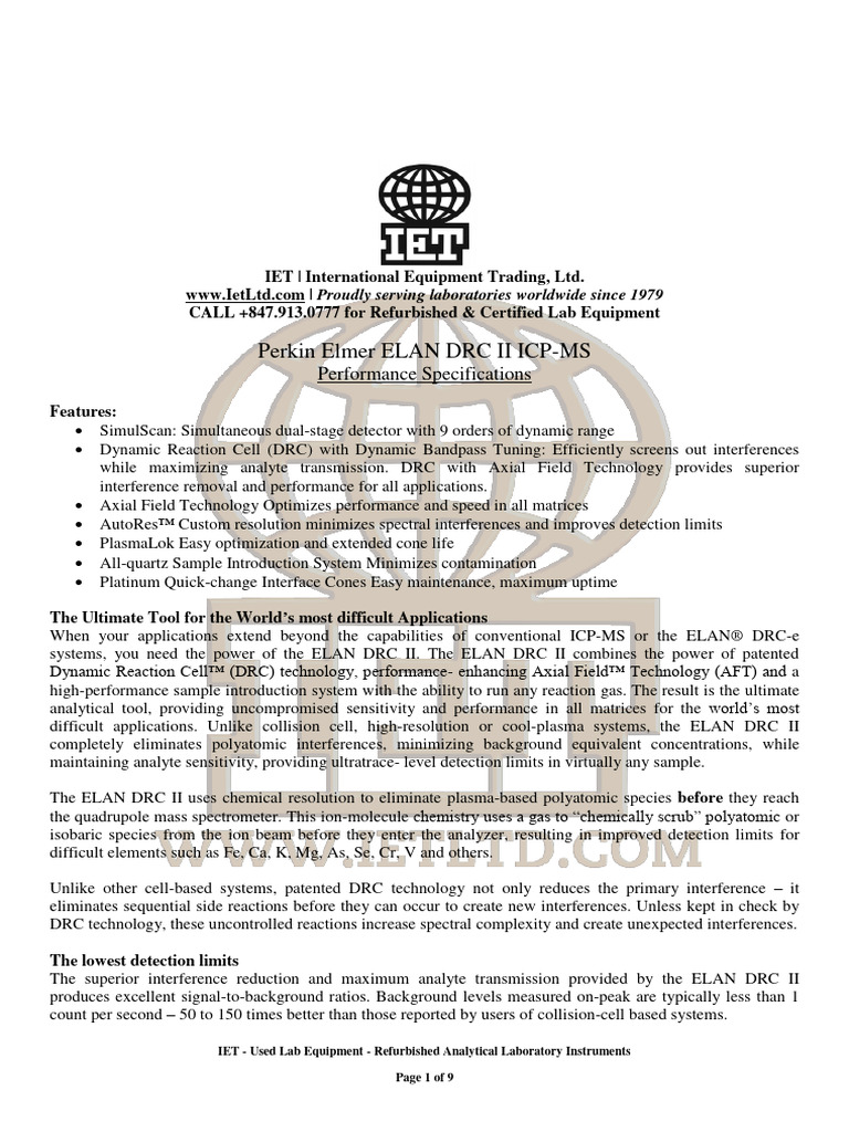 Elan DRC II Data Sheet | PDF | Detection Limit | Analytical Chemistry