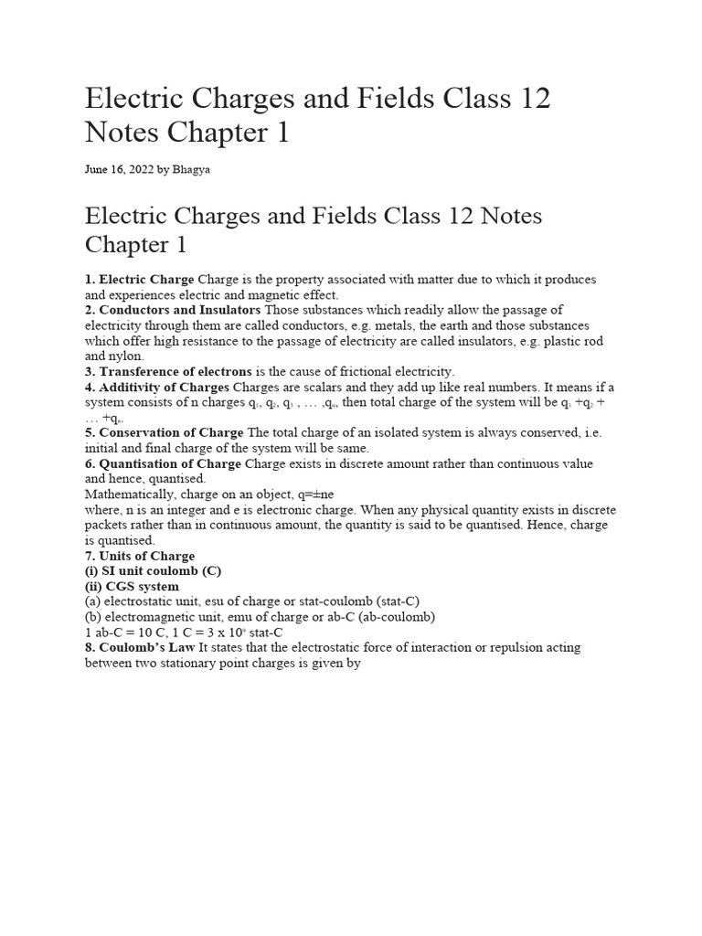 Class 12 Electric Charges & Fields Notes | PDF | Electric Field ...