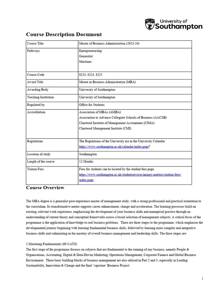 2324 8223 Mba Master of Business Administration | PDF | Educational ...