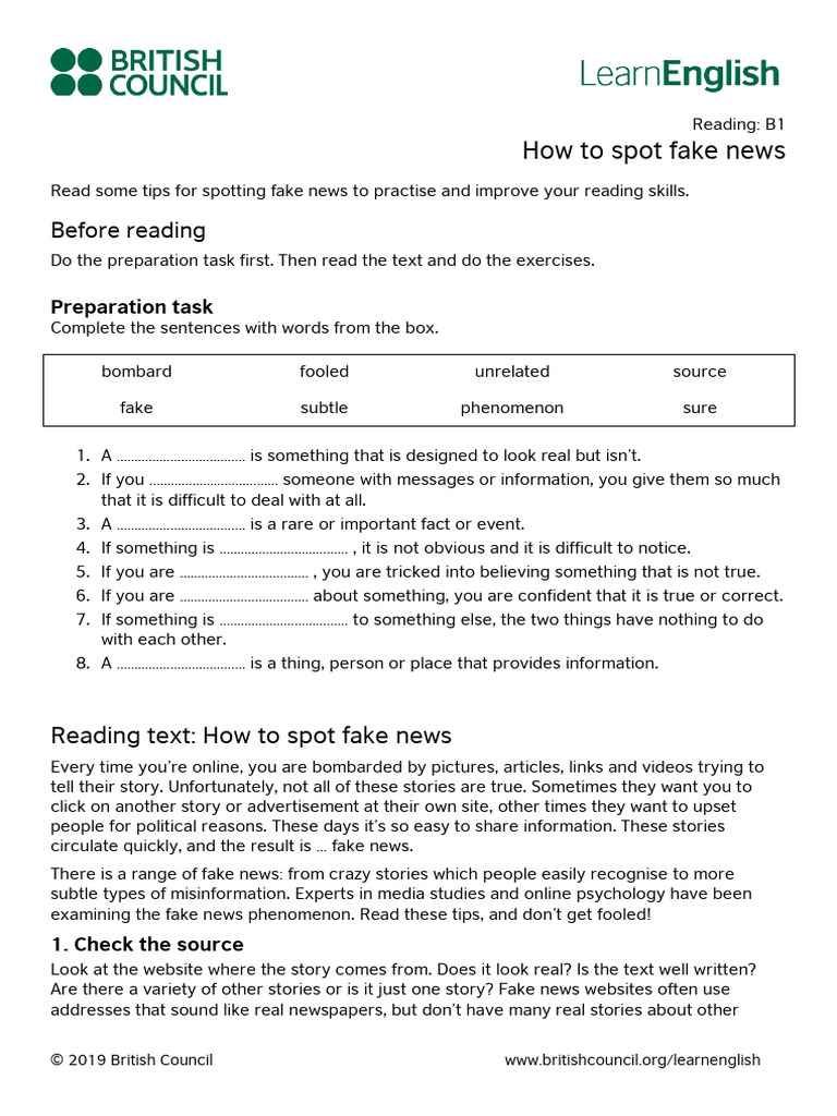 LearnEnglish Reading B1 How To Spot Fake News | PDF | News | Human ...