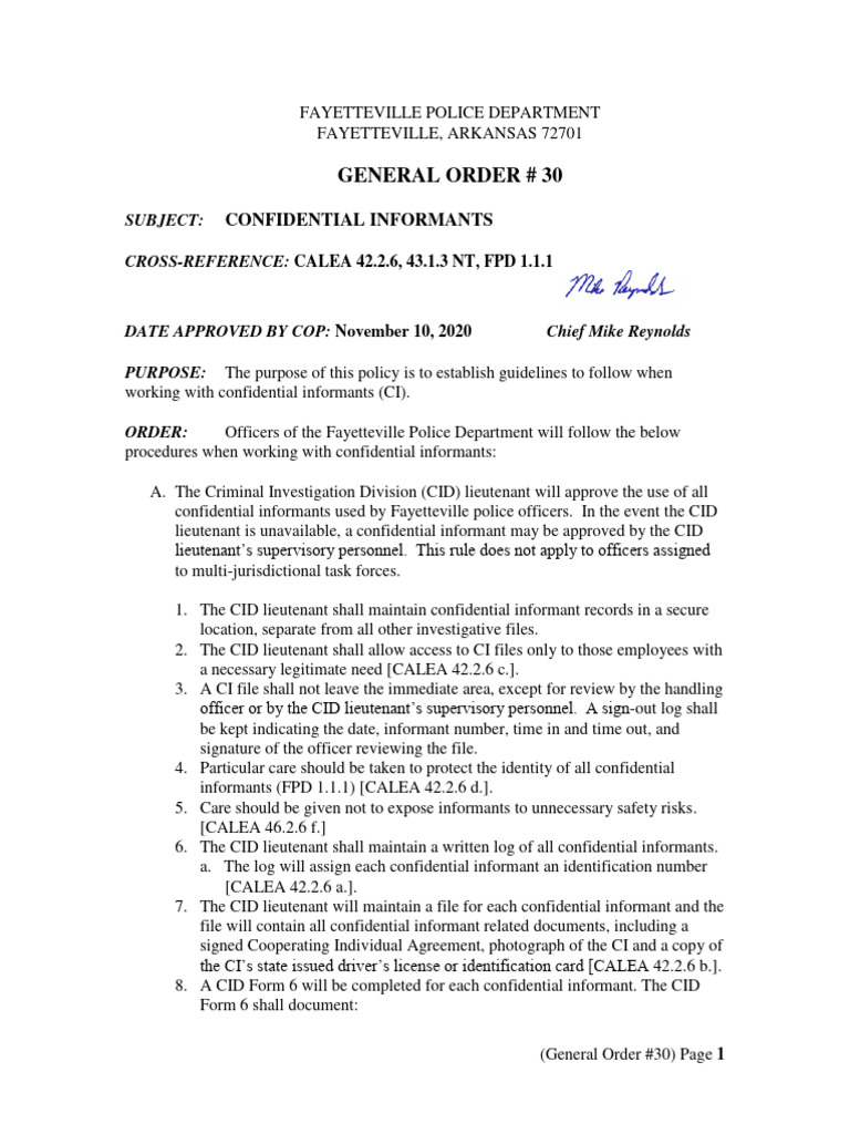 General Order 30 Confidential Informants PDF Informant Police