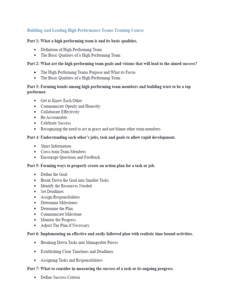 Building And Leading High Performance Teams Course Outline | PDF ...
