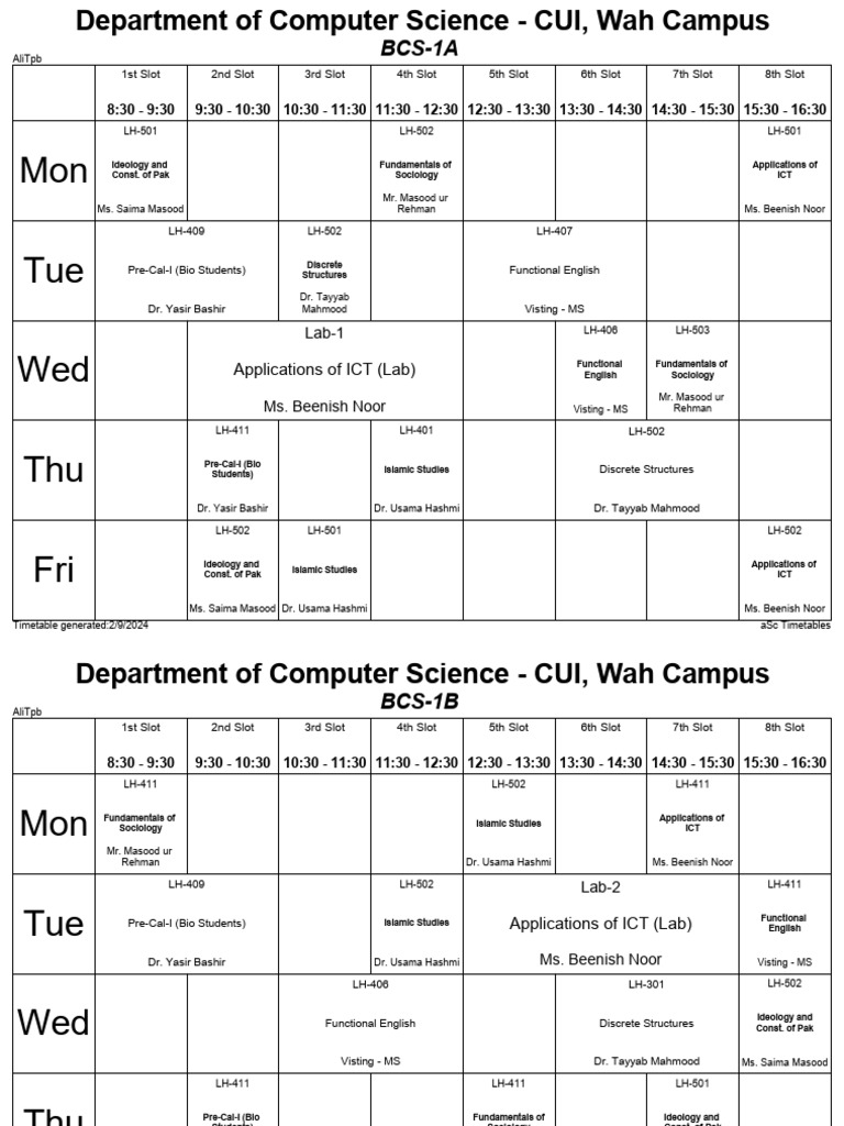 CUI Wah Campus SP24 Timetable | PDF | Physical Sciences | Computing
