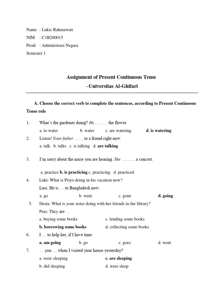 Present Continuous Tense Exercises | PDF