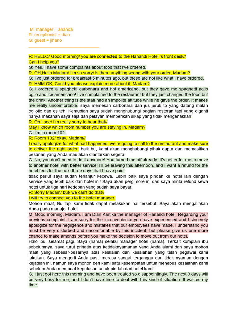 Hotel Complaint Resolution Dialogue | PDF