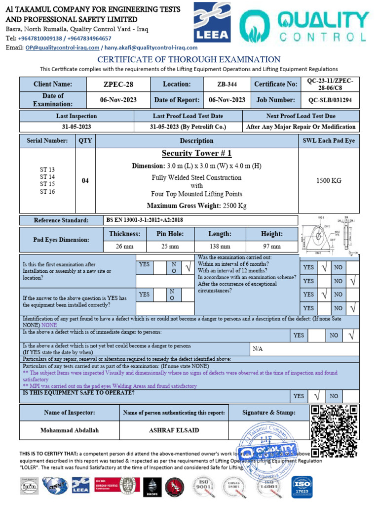 Lifting Equipment Examination Certificate | PDF
