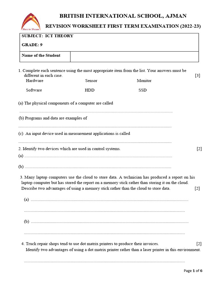 G9 Revision Worksheet Question Paper First Term | PDF | Computer ...