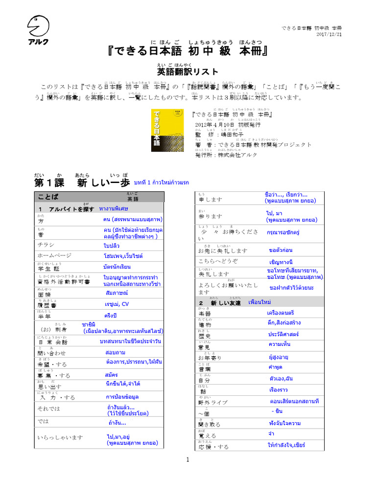 できる日本語 初中級 翻訳リスト Th | PDF