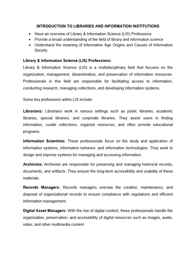 INTRODUCTION TO LIBRARIES AND INFORMATION INSTITUTIONnotes | PDF ...