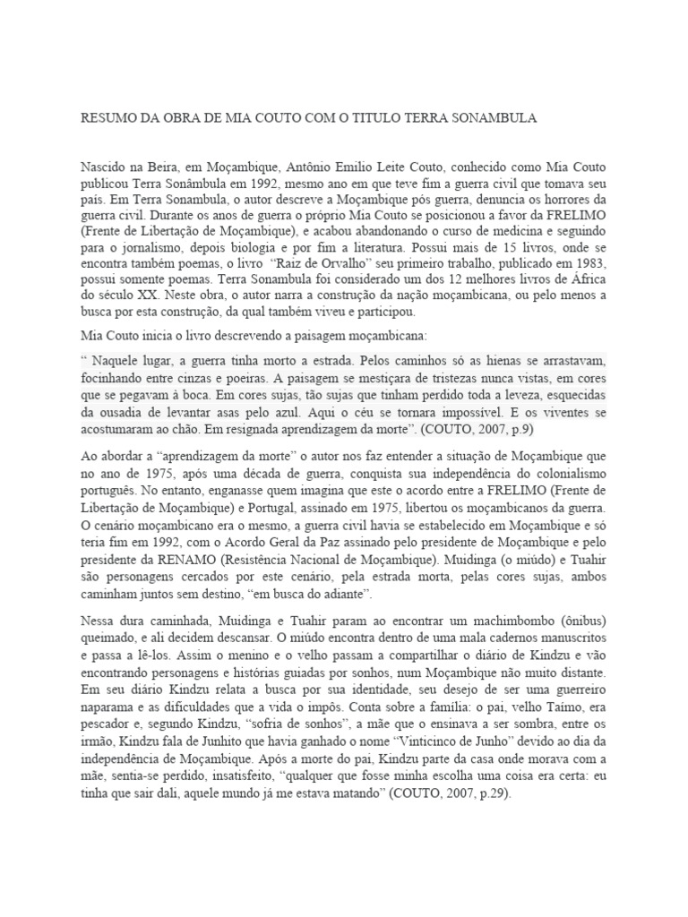 Resumo de "Terra Sonâmbula" de Mia Couto | PDF | Moçambique