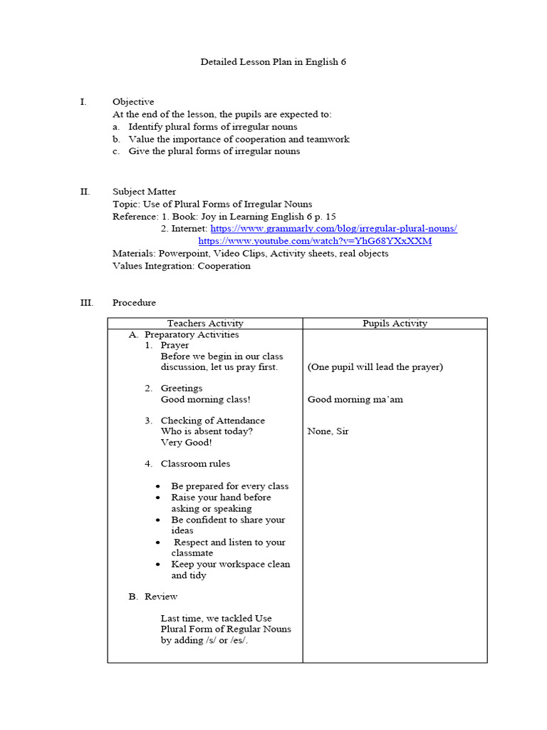 Detailed Lesson Plan in English 6 | PDF | Plural | English Language