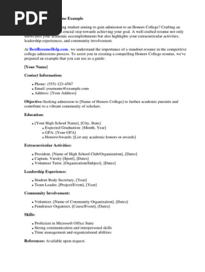 Honors College Resume Example