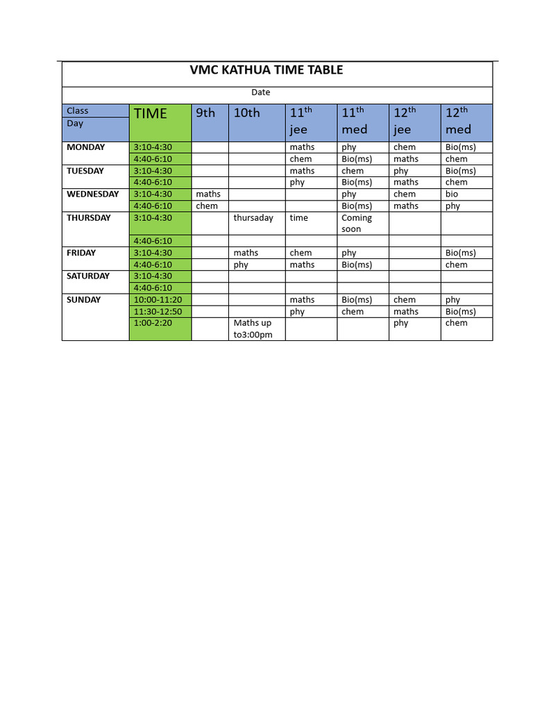 VMC Kathua Weekly Class Timetable | PDF