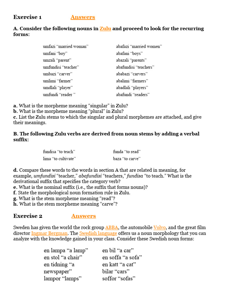 Zulu and Swedish Morphology Exercises | PDF | Morphology (Linguistics ...