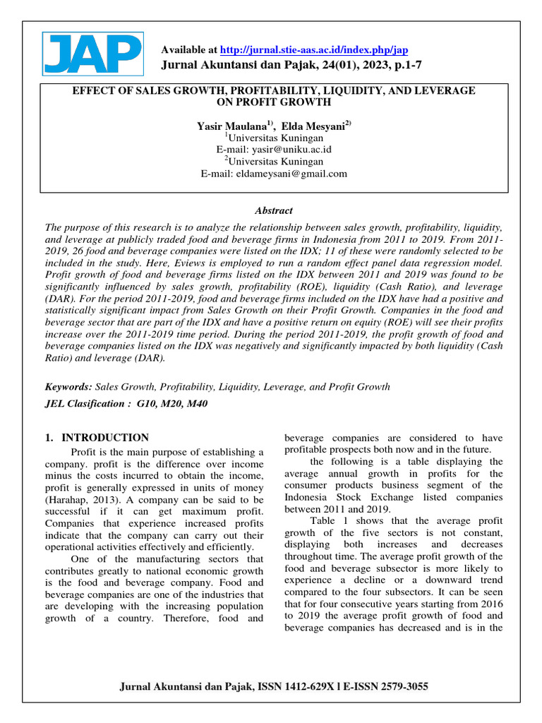 Effect Of Sales Growth Profitability Liquidity And Leverage On Profit