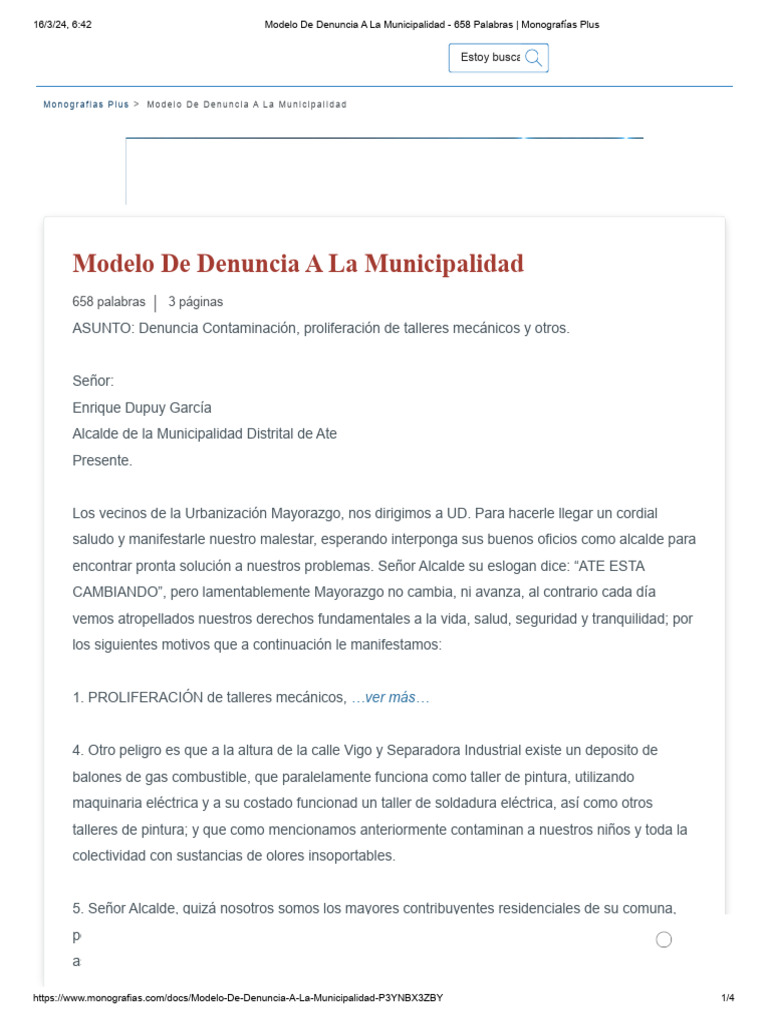 Modelo de Denuncia A La Municipalidad - 658 Palabras - Monografías Plus