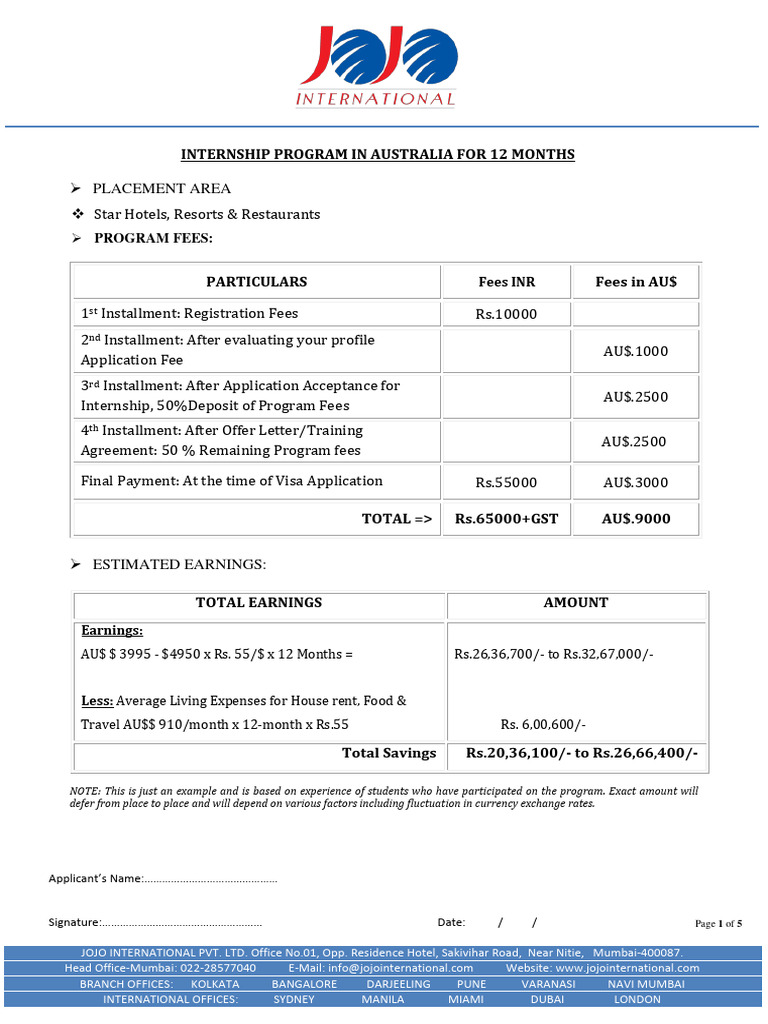 Internship-Australia-12 Months-2024 | PDF | Fee | Australian Dollar