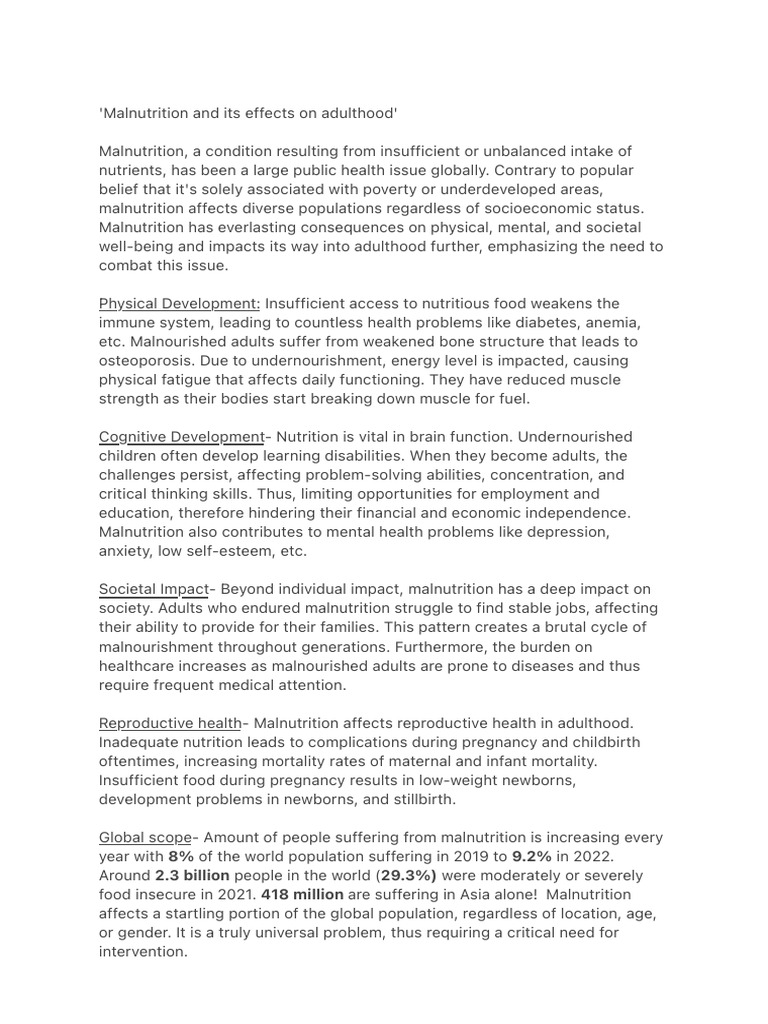 Malnutrition and Its Effects On Adulthood | PDF
