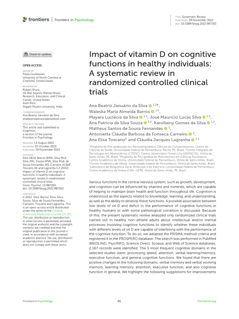 Impact of Vitamin D On Cognitive Functions in Healthy Individuals PDF