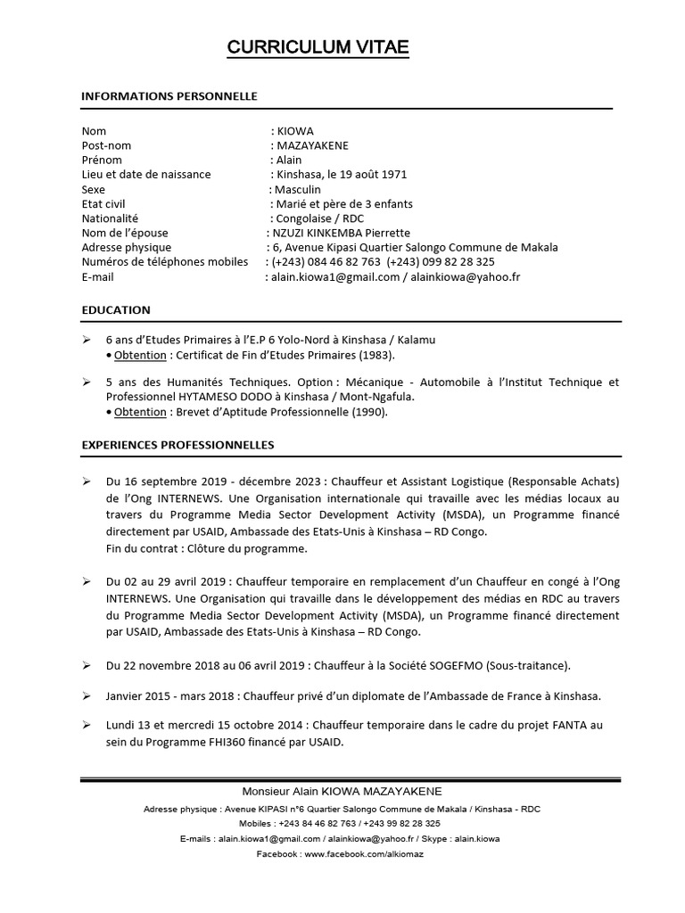 CV Du Meilleur Chauffeur de Kinshasa ! | PDF | République démocratique ...