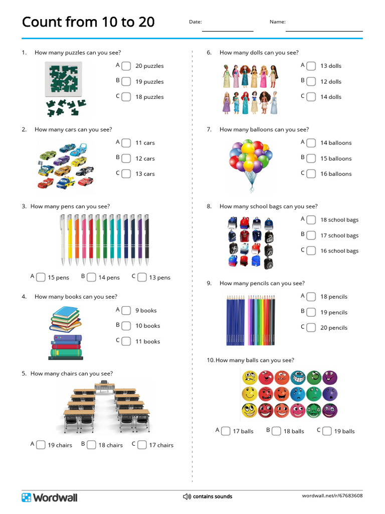Count from 10 to 20 quiz pdf