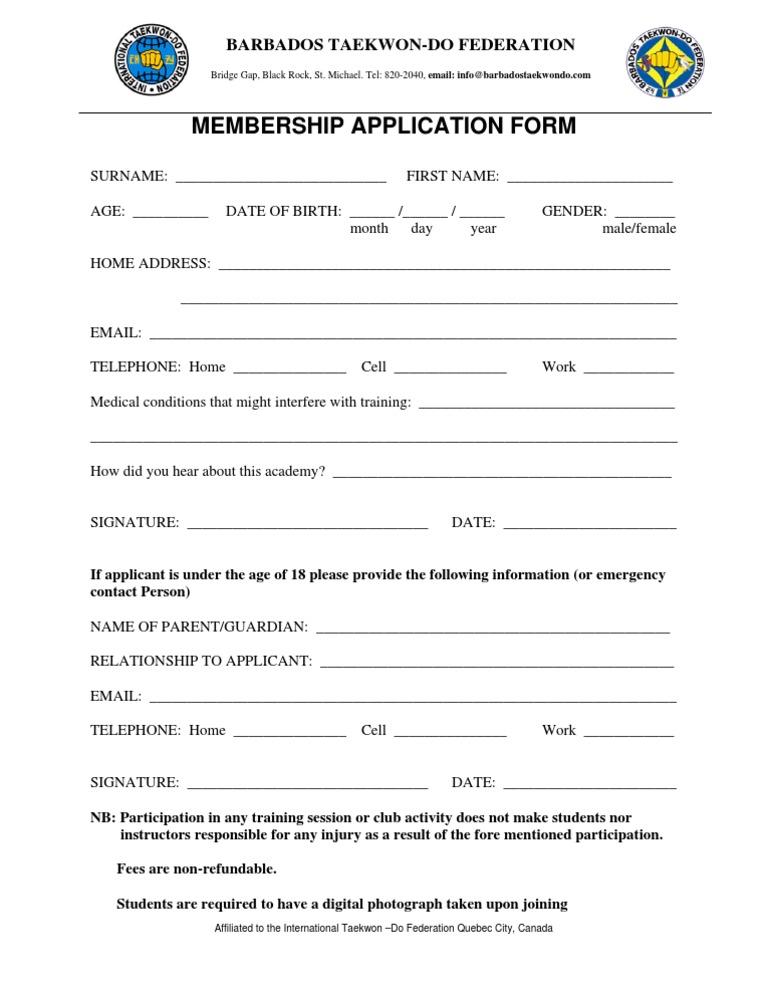 Taekwondo Membership Application Form | PDF