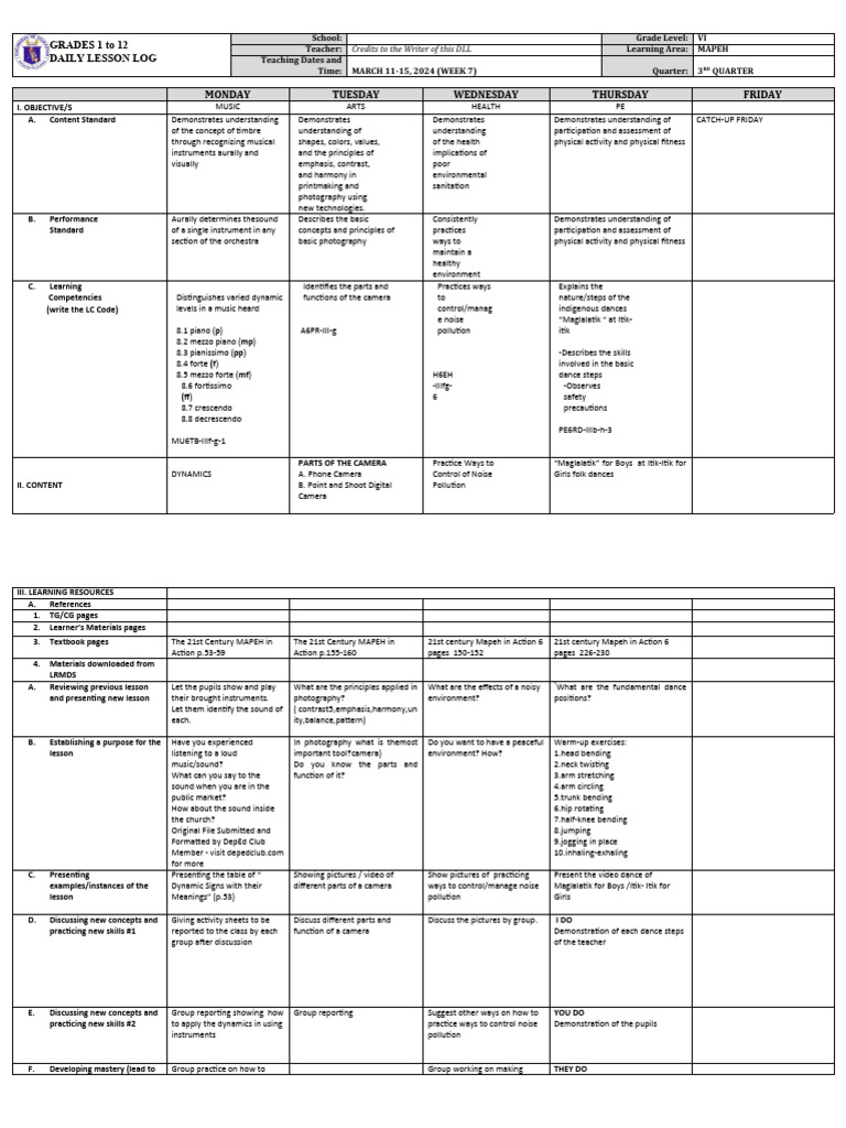 MAPEH Daily Lesson Log for Grade VI | PDF