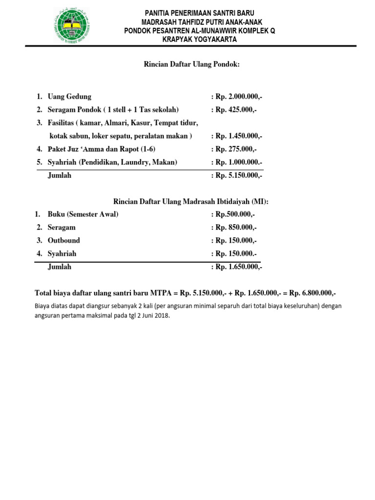 Rincian Biaya Daftar Ulang | PDF
