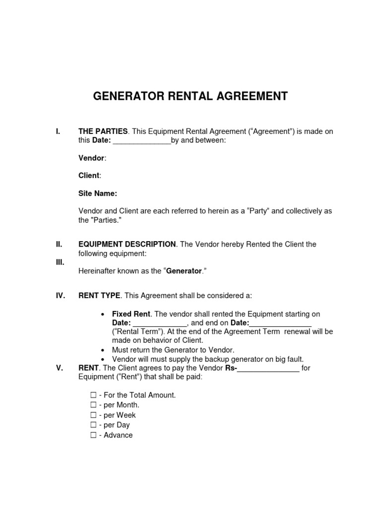 Generator Rental Agreement Template | PDF | Renting | Lease