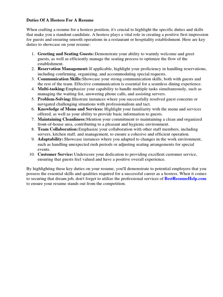 Duties of a Hostess for a Resume PDF Restaurants Menu