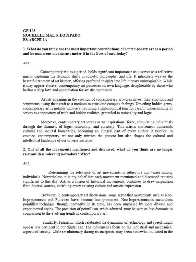 Ge 103 Worksheet No. 5 PDF Contemporary Art Rationality