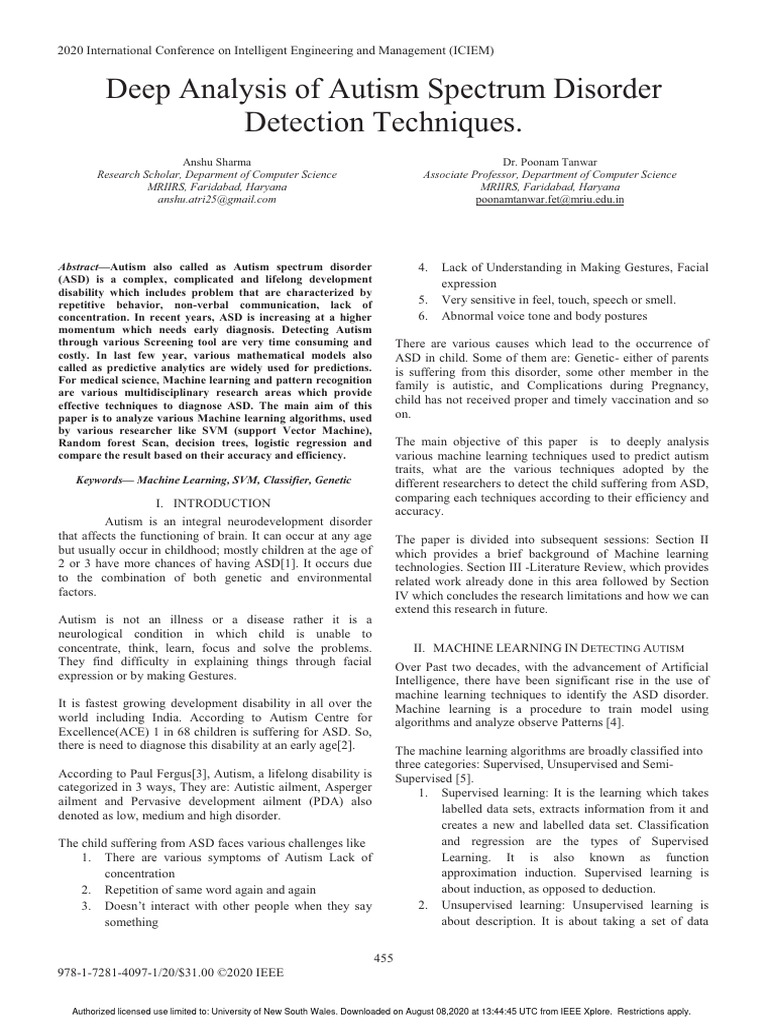 10 1109@iciem48762 2020 9160123 | PDF | Autism Spectrum | Machine Learning