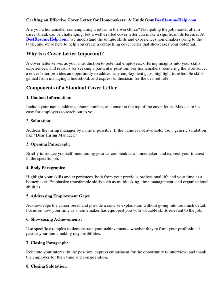 Sample Cover Letter For Homemaker Returning To Work Download Free PDF