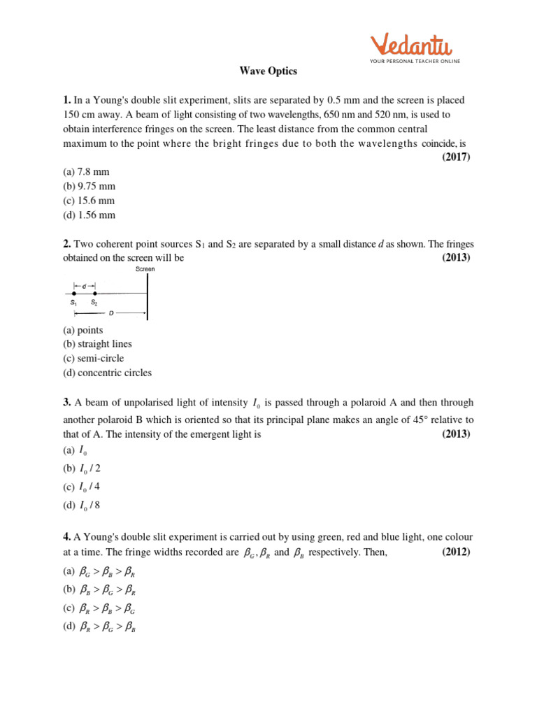 Jee Physics Wave Optics Pdf Diffraction Wavelength