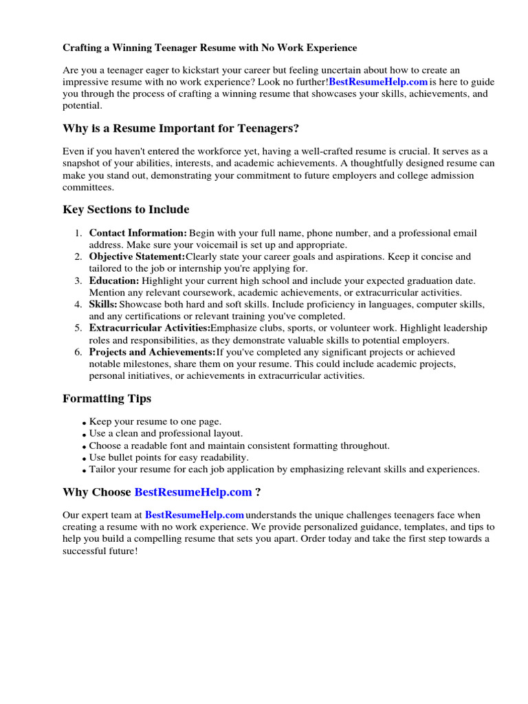 Teenager Resume With No Work Experience - 1713521715