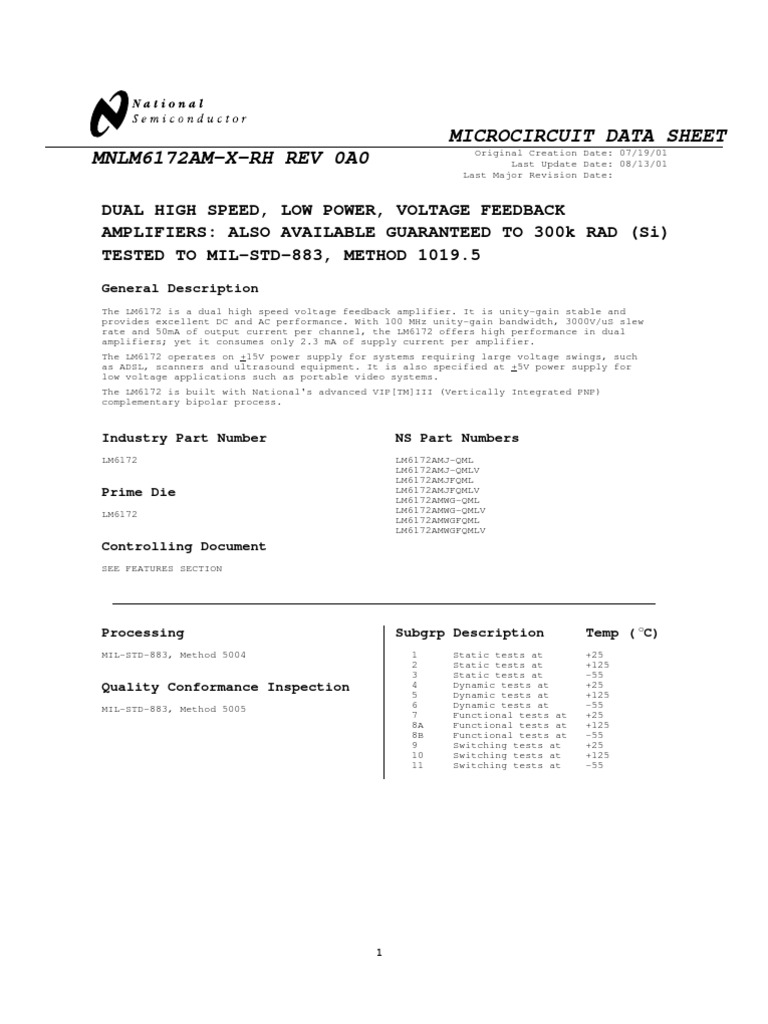 LM6172 Dual High-Speed Amplifier Data Sheet | PDF | Amplifier | Capacitor