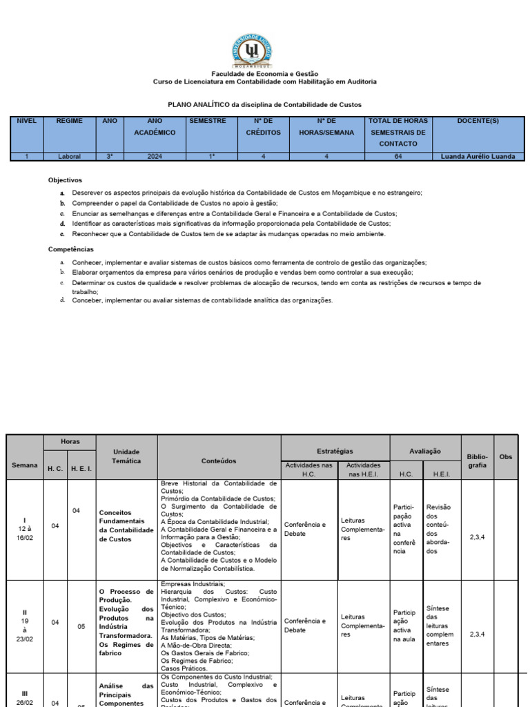 Plano Analitico Cont. Custos 3CA - 075247 | PDF