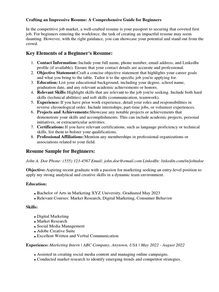 Resume Sample For Beginners | PDF | Résumé | Marketing