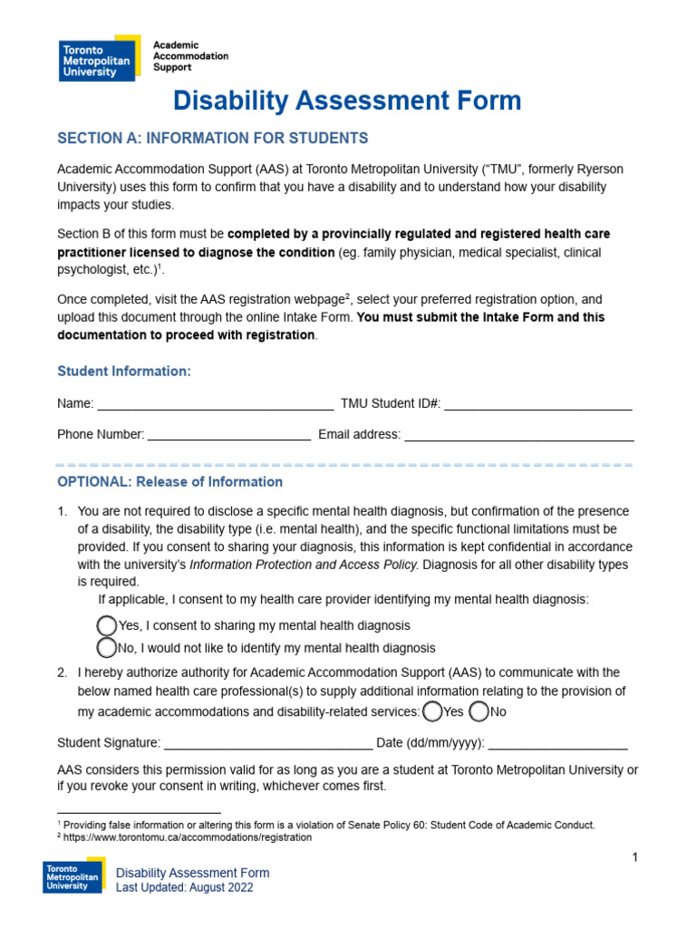 TMU Disability Assessment Form | PDF | Mental Disorder | Medical Diagnosis