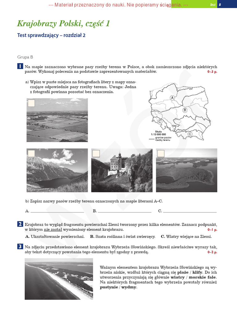 Krajobraz Polski Klasa 2 Dzial 2 Test Sprawdzajacy Krajobraz Polski cz.1 Grupa B | PDF